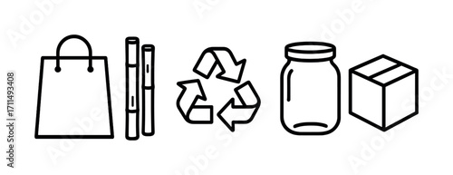 Eco-friendly icons: paper bag, reusable straws, recycling symbol, glass jar, cardboard box