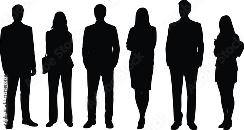 Silhouettes of business people standing in formal attire, teamwork concept, office professionals group illustration, corporate communication, leadership and career growth