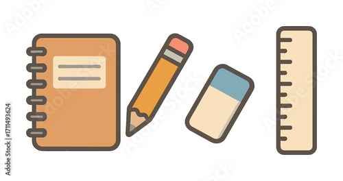 Cartoon stationery set with notebook pencil eraser ruler on white background