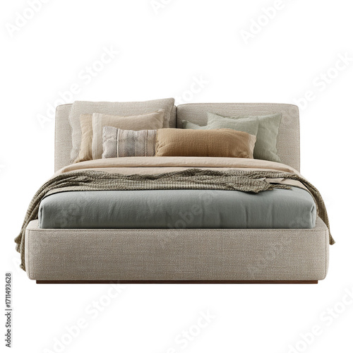 Luxurious upholstered bed with pillows and throw blanket on transparent background