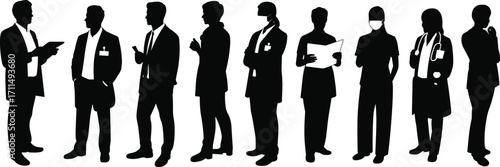 Silhouettes of doctors and business professionals, medical staff, healthcare workers, office teamwork, business meeting, teamwork illustration, corporate and hospital collaboration
