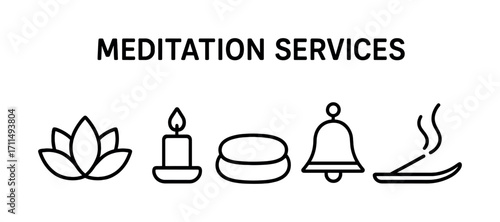 Meditation services icons: lotus, candle, cushion, bell, incense for mindfulness