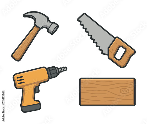 Set of diy tools: hammer, saw, drill, and wood plank illustration