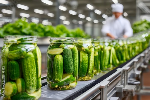 Cucumber pickling process in modern factory with focus on glass jars and assembly line details