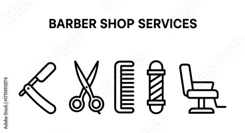 Barber shop services icon set featuring tools and equipment