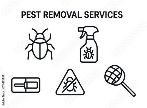 Pest removal services icons set: bug spray, trap, net, warning sign