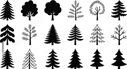 Tree silhouette vector collection with evergreen pine, deciduous and seasonal trees, eco nature design elements for forest, park, and landscape illustrations.