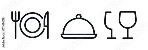 Minimalist dining icons set: plate, dish cover, glasses, cutlery