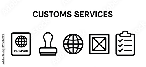 Customs services icons: passport, stamp, globe, box, checklist illustrations