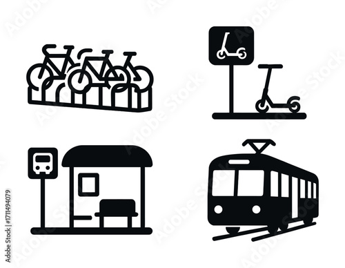 Urban transportation icons: bicycle rack, scooter sign, bus stop, tram