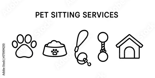 Pet sitting services icons: paw, bowl, leash, toy, kennel for animal care