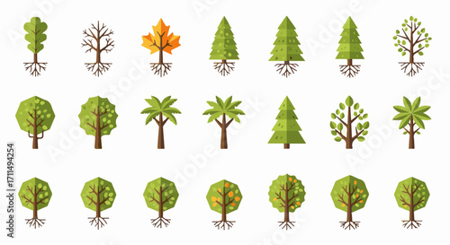 A selection of stylized trees perfect for illustrations. With a variety of shapes, these trees bring a touch of nature to any project or serve as educational aids.