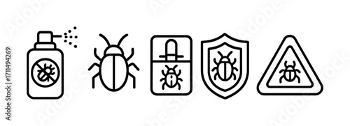 Vector line icons set: insect repellent, bug, pesticide, protection, warning sign