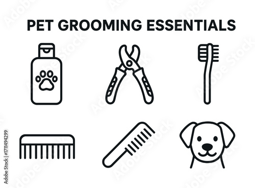 Pet grooming essentials icons: shampoo, clippers, brushes, combs, dog face