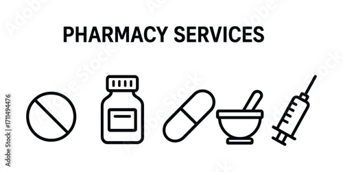 Pharmacy services icons: pill, bottle, capsule, mortar, syringe symbols