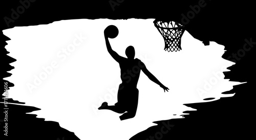 Dynamic basketball player soaring for a slam dunk with intense focus and athletic prowess