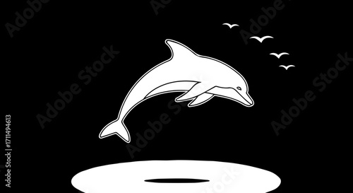Graceful dolphin leaps from ocean waves with birds soaring above, evoking freedom and joy