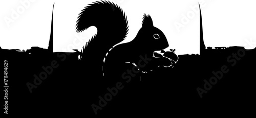 Charming squirrel silhouette holding acorn against abstract cityscape, evoking nature and urban blend.
