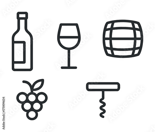 Wine icons: bottle, glass, barrel, grapes, corkscrew line art set