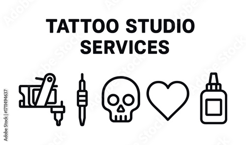 Tattoo studio services icons featuring machine, needle, skull, heart, ink bottle