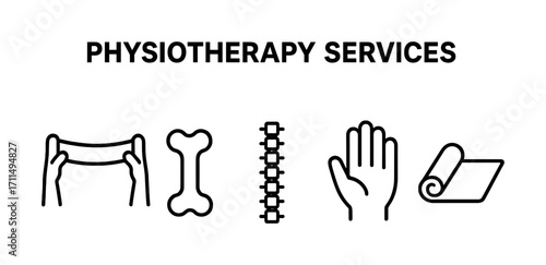 Physiotherapy services: hands, bones, spine, hand, and exercise mat icons