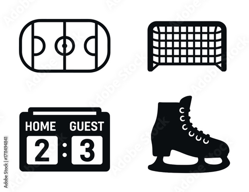 Ice hockey icons set: rink, goal, scoreboard, skate silhouettes