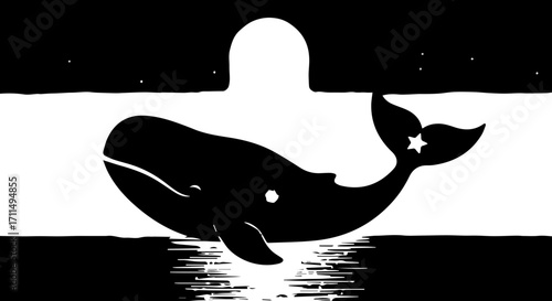 Majestic whale breaching under a luminous moonlit sky with starry accents and rippling water reflections.