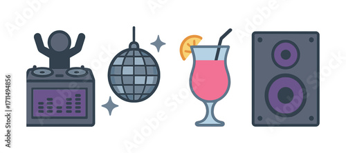 Party icons: dj, disco ball, cocktail, speaker for nightlife vibes