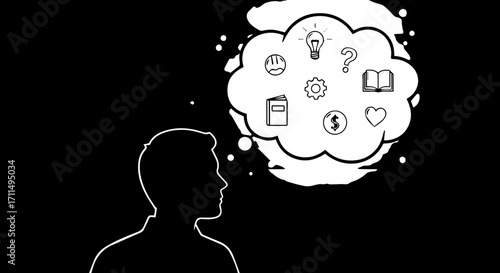 Silhouette contemplates bright ideas, learning, and life's important elements in a thought bubble