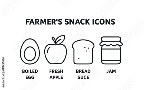 Farmer's snack icons: boiled egg, fresh apple, bread slice, jam