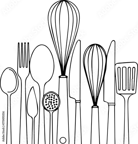 Elegant kitchen utensil line art collection for culinary designs and cooking themes