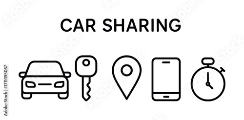 Car sharing concept with vehicle, key, location, smartphone, and stopwatch icons