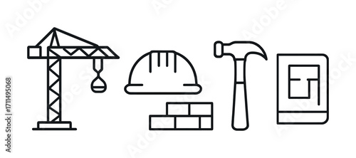 Construction icons: crane, hard hat, hammer, bricks, blueprint