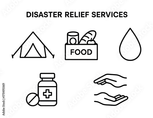 Disaster relief services icons: tent, food, water, medicine, helping hands