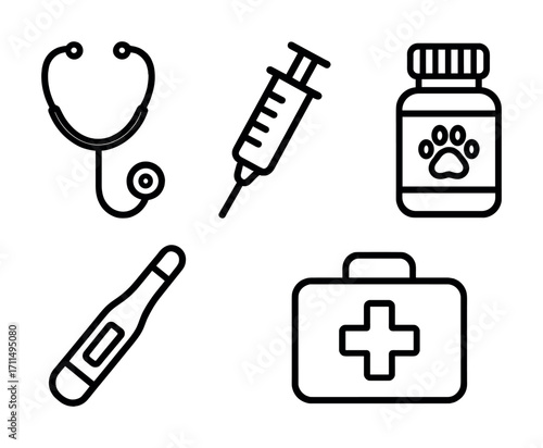 Outline icons of veterinary tools - stethoscope syringe medicine bottle thermometer first aid kit