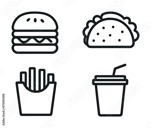 Outline icons of fast food: burger, taco, fries, drink