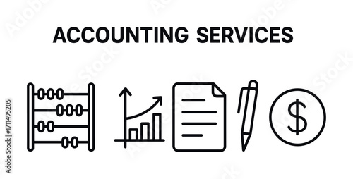 Accounting services icons with abacus, graph, document, pen, and dollar symbol