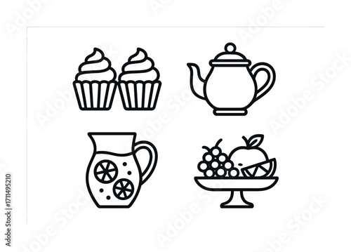 Outline icons of desserts, teapot, pitcher, and fruit bowl