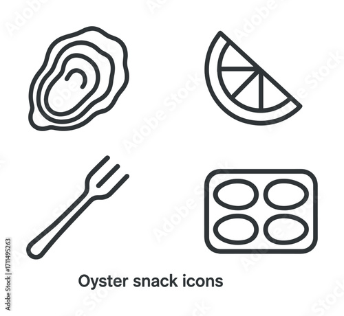 Oyster snack icons: fork, lemon, tray in minimalist design