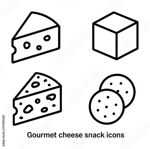 Gourmet cheese snack icons: edam, swiss, brie, crackers in black and white line art
