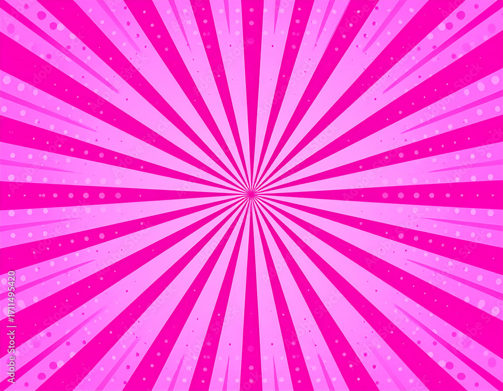 Obraz premium Purple and magenta comic background. Art pop cartoon backdrop. Halftone effect pattern. Fun anime texture. Starburst manga style bg. Mark popart radial gradient. Spiral, comic rays