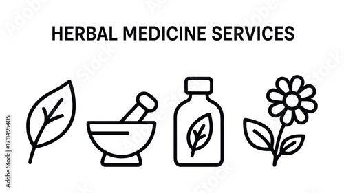 Herbal medicine services icons: leaf, mortar, bottle, flower outline