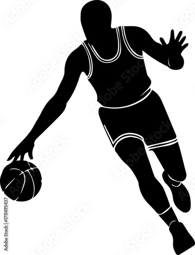Dynamic basketball player dribbling intensely, capturing athletic action and competitive spirit for sports visuals