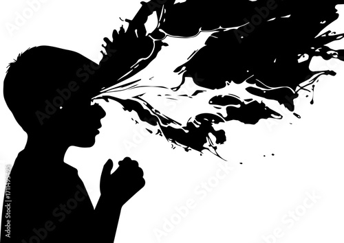 Child's silhouette erupting with vibrant, abstract creative energy and imagination exploding outward