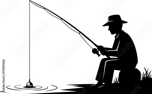 Confident angler patiently waits for a bite by tranquil water, embracing peaceful outdoor leisure activity.