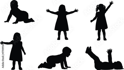 Children silhouette vector, crawling baby pose, standing toddler posture, playful kids movement, black silhouette illustration, child development stages,