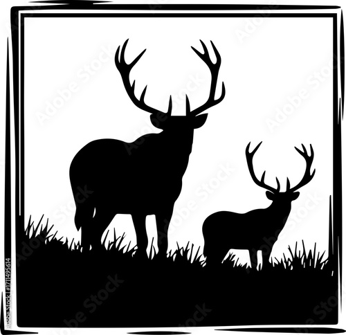 Majestic stag and doe stand proudly in silhouette against a natural landscape