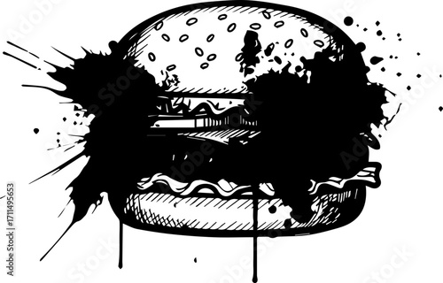 Dynamic burger illustration with bold ink splatters creating an energetic, modern food art