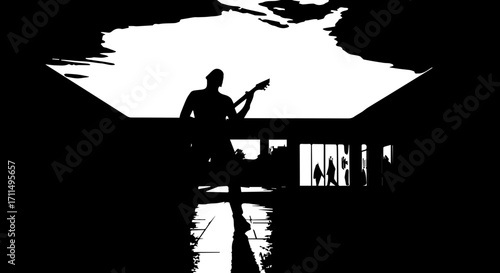 Dynamic guitarist silhouette performing on stage with crowd silhouettes visible in modern venue