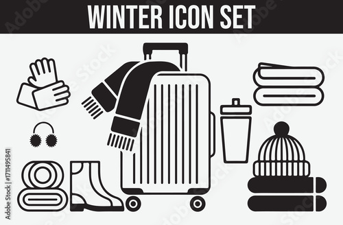  Vector Winter Clothes Icon Set with Line Style Editable Stroke Including Warm Jacket Hat Scarf Gloves Shoes Pants Socks Sweater and Fleece Jacket Isolated on White Background